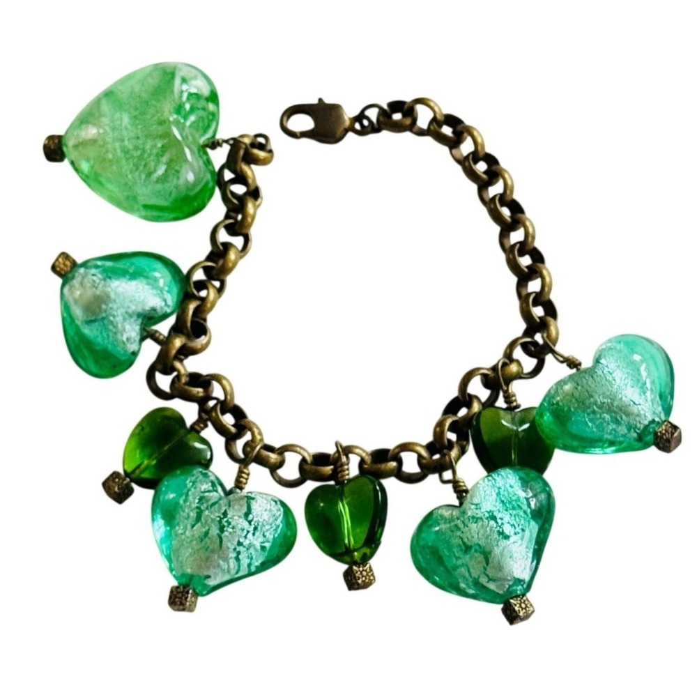 Heart charm Bracelet VTG beads green Dangle Green art glass Venetian Murano foil